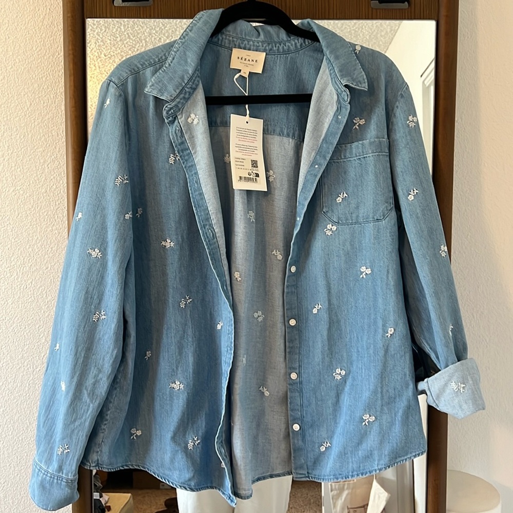 Sézane Tomboy shirt, embroidered denim, US 12
